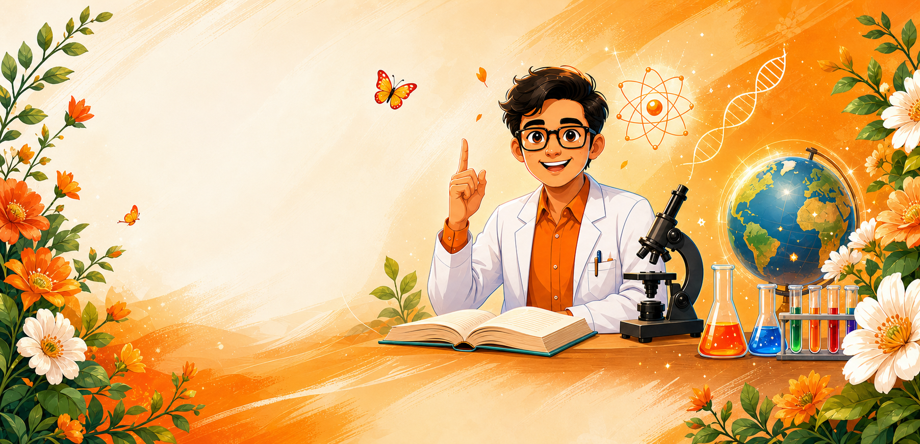 Abhishek Sir teaching Science with a microscope, globe and laboratory equipment